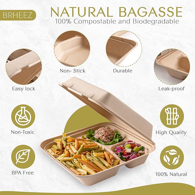 brheez Disposable Clamshell To-Go Containers – Bagasse Fiber Biodegradable Containers with Lids for Takeout, Parties, & Holidays – Pack of 50 Chemical-Free, 3-Compartment Boxes, 8"x8", Natural