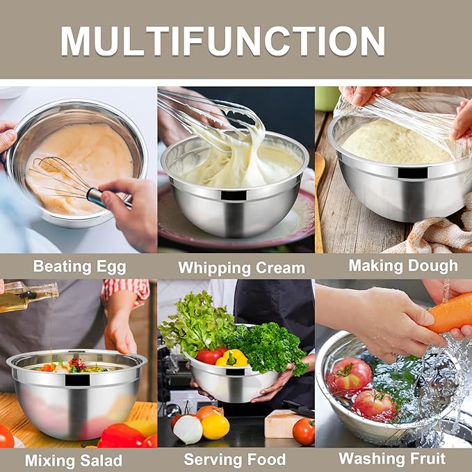 TeamFar Mixing Bowls with Lids, 7 Pieces Stainless Steel Metal Nesting Salad Bowls for Baking Prepping Serving, 7, 4.5, 3, 2.5, 1.5, 1.2, 0.7 QT, Non-Toxic & Sturdy, Airtight Lid & Easy Clean, Khaki
