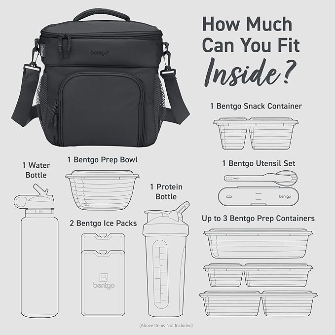 Bentgo Prep Deluxe Insulated Multimeal Bag - Lunch Box Bag, Holds 5 Meals, Premium Insulation up to 8 Hrs, Durable, Water-Resistant - Large Capacity For Adult Meal Prep (Dark Gray)