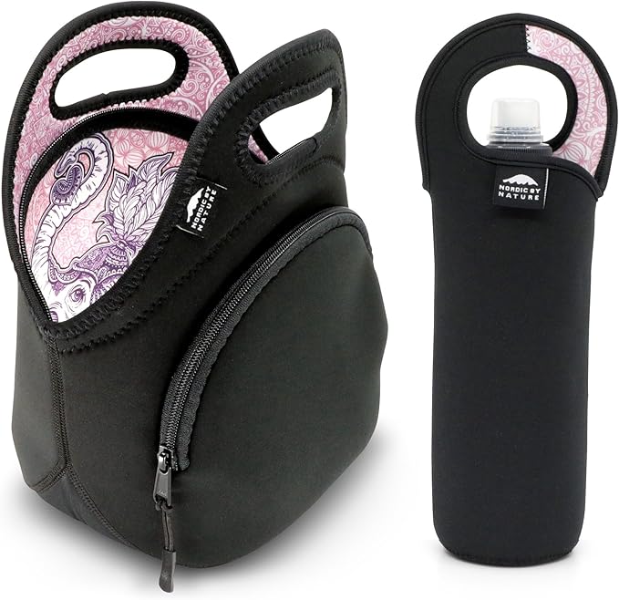 Nordic By Nature Neoprene Lunch Bag For Women, Men & Kids Extra Thick Insulated Neoprene Lunch Tote With Water Bottle Sleeve Durable Reusable Machine Washable Extra Pocket YKK Zippers (Elephant)