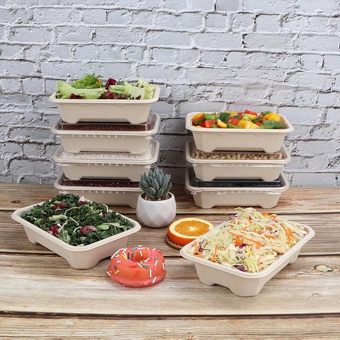 18 oz Rectangle Disposable bowls with clear lids,Sugarcane Fiber Bowls take away food containers Plant Fibers 50 PACK