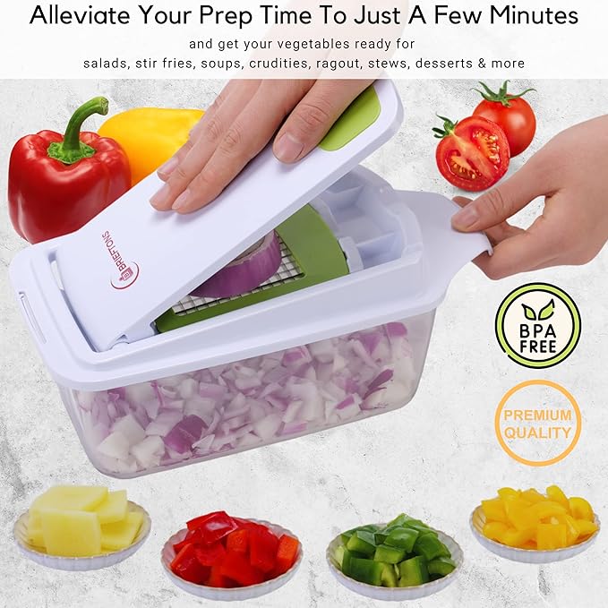 Brieftons QuickPush Food Chopper: Strongest & 200% More Container Capacity, 30% Heavier Duty, Fruit & Vegetable Chopper, Onion Chopper Vegetable Cutter, with 3 Dicer Blades & Keep-Fresh Lid, 5 Ebooks