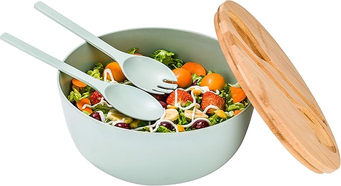 GEHE Bamboo Fiber Salad Bowl with Servers Set - Large 9.8 inches mixing bowls Solid Bamboo Salad Wooden Bowl with Bamboo Lid Spoon for Fruits,Salads and Decoration (Blue -green, 9.8INCH)