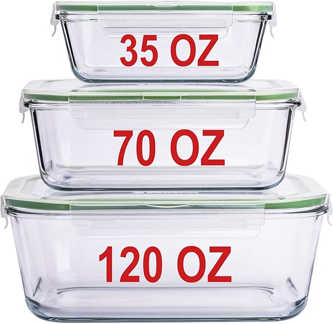 LARGE Glass Containers for Food Storage with Locking Lids Baking Dish Set 3 120 OZ/70 OZ/35 OZ Meal Storing Serving Leakproof Ovensafe
