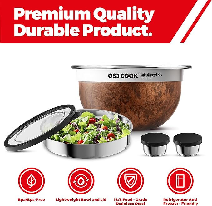 18/8 Stainless Steel Salad Bowl Kit - 51oz, Mixing Bowls with Lids Set, Teakwood - Comes with 1.7oz Condiment Container and Removable Tray for Organization - Leak-Proof, Easy to Clean, Dishwasher Safe