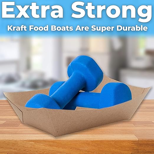 Eco Friendly USA-Made 3lb Food Holder Trays 150 Pk. Compostable Kraft Paper Container for Diners Concession Stands or Camping. Best Sturdy 3 Lb Disposable Party Snack Boat for Nachos, Tacos or BBQ.