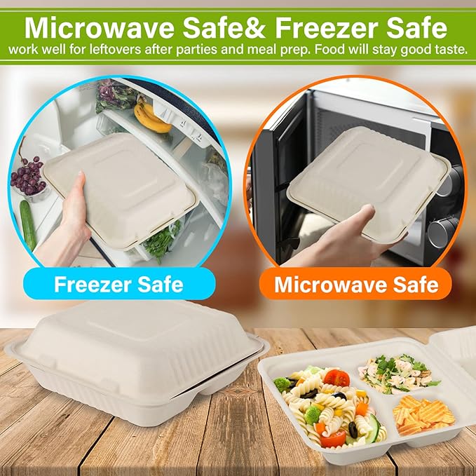 Greensight Compostable Take Out Container 8x8, Disposable To Go Food Boxes With 3 Compartments, Biodegradable Clamshell Container, Eco-Friendly Made From Sugarcane Fibers