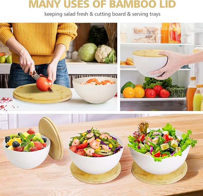 ShineMe Salad Bowl Set with Lid, Large & Deep Serving Bowl Set of 3, Bamboo Fiber Mixing Bowls with Lids for Preparing, Storing and Serving Salad, Ramen, Pasta, Fruit, Snacks (10",8",6")