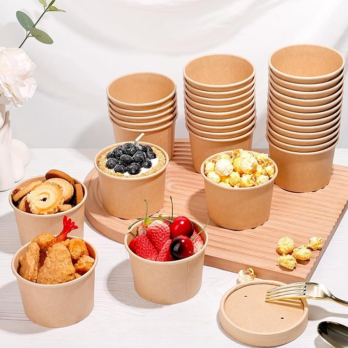 12oz Soup Containers with Vented Lids, Disposable Ice Cream Cups Kraft Paper Soup Bowls Paper Food Storage Containers, Microwavable and Freezer Safe for Hot and Cold Use (50 Pcs - Kraft, 12 oz)