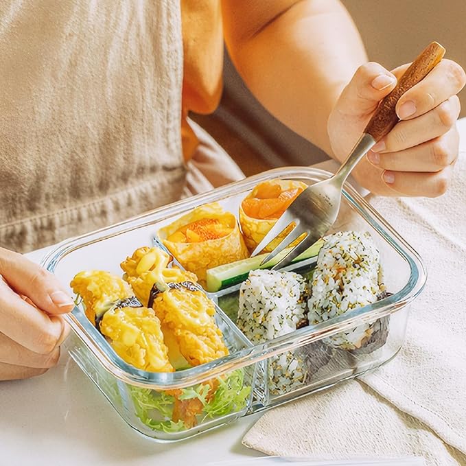 BAYZZ 5 Pack 35 Oz Glass Meal Prep Containers 3 Compartments, Glass Food Storage Containers with Lids, Airtight Bento Box Lunch Container-Microwave, Freezer & Dishwasher Safe, Blue