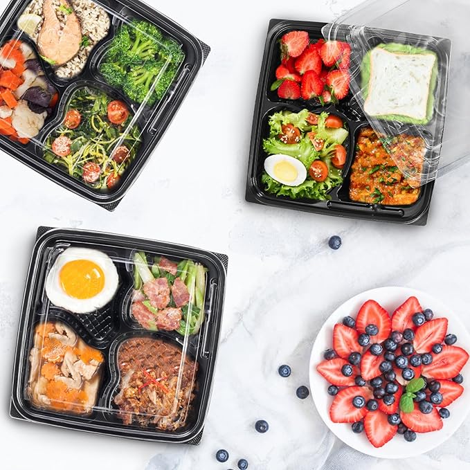30 Pack (60-Pcs) Meal Prep Containers, 4 Compartment Bento Lunch Box with Lid, Disposable Plastic Food Storage To Go, 34oz Portion Control Take Out Box for Adult, Not Microwave Dishwasher Safe