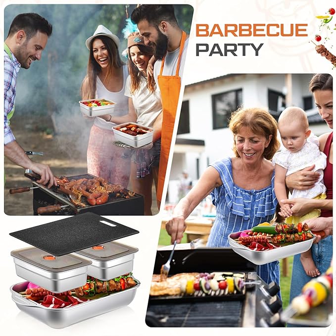 4 Pcs Grill Prep Trays Set Includes Stainless Steel Grilling Prep and Serve Tray Grill Platter 2 Marinade Container with Lids and Cutting Board for BBQ Outdoor Grilling (Deep Tray)