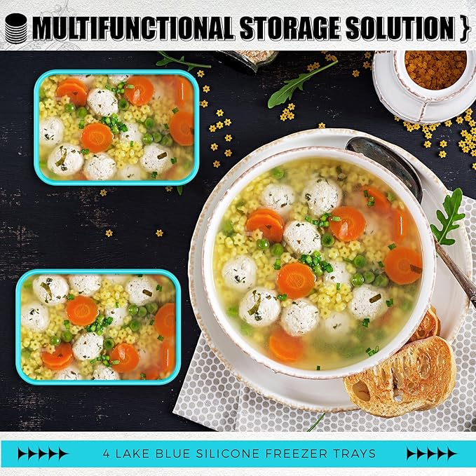 Nuogo 4 Pcs 3.5 Cup Silicone Freezer Trays with Lid Soup Freezer Containers Reusable Silicone Molds Rectangle Containers Freezing Ice Trays for Soups Sauces Stews Curries, Lake Blue
