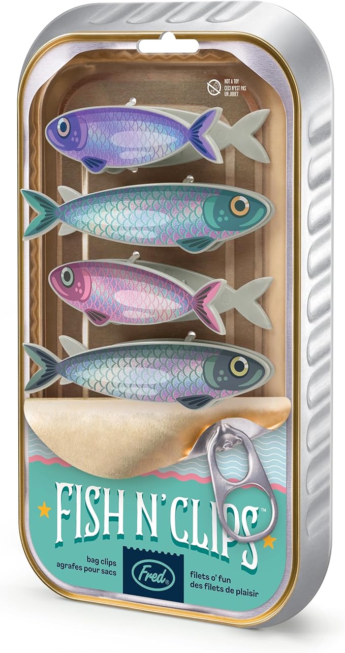 Genuine Fred FISH 'N CLIPS Sardine Bag Clips, Set of 4 Food Storage Clips, Iridescent Finish, Double-Sided, Durable Plastic and Stainless Steel Springs, Fun Kitchen Accessories and Great Gift