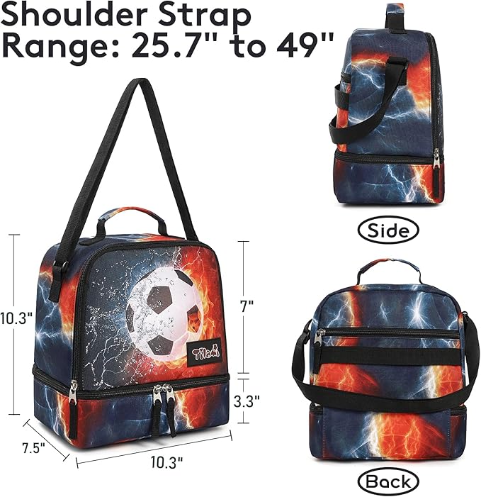 Tilami Lunch Bags Insulated Adjustable Strap Zipper, Water-Resistant Cooler Bags, Bento Bags for Kids Toddlers, Football