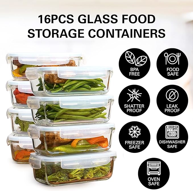 Razab 16 Pc (Set of 8) 30 Oz Glass Food Storage Containers with Lids, Airtight Large Reusable Leak Proof BPA Free Food Prep Containers, Freezer to Oven Safe