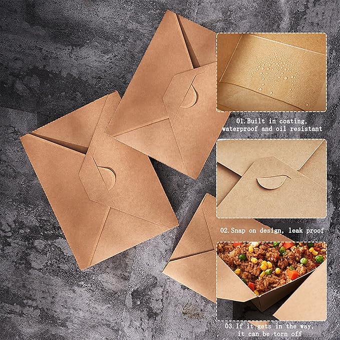 50 Pack 47 oz Large Takeout Food Container, Heavy-duty Microwave Kraft Paper Takeout Box, Leak Proof and Oil Resistant Paper Lunch Box, Cardboard takeout box for Restaurants, Homes, and Gatherings