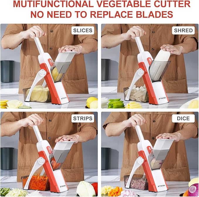 5 in 1 Safe Mandoline Slicer for Kitchen, Safe Vegetable Chopper, Paring Knife, Adjustable Thickness, Easy to Clean, Vegetable Slicer, Slicing, Strips, Shredding, Dicing,Chop (Tropical Orange)