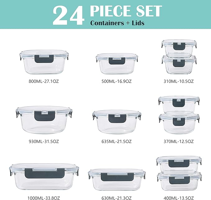 elabo 24-Piece Glass Food Storage Containers Set with Lids - Airtight Leak Proof Glass Meal Prep Containers, BPA Free Bento Lunch Boxes, Freezer/Oven/Dishwasher Safe(12 Lids & 12 Containers)