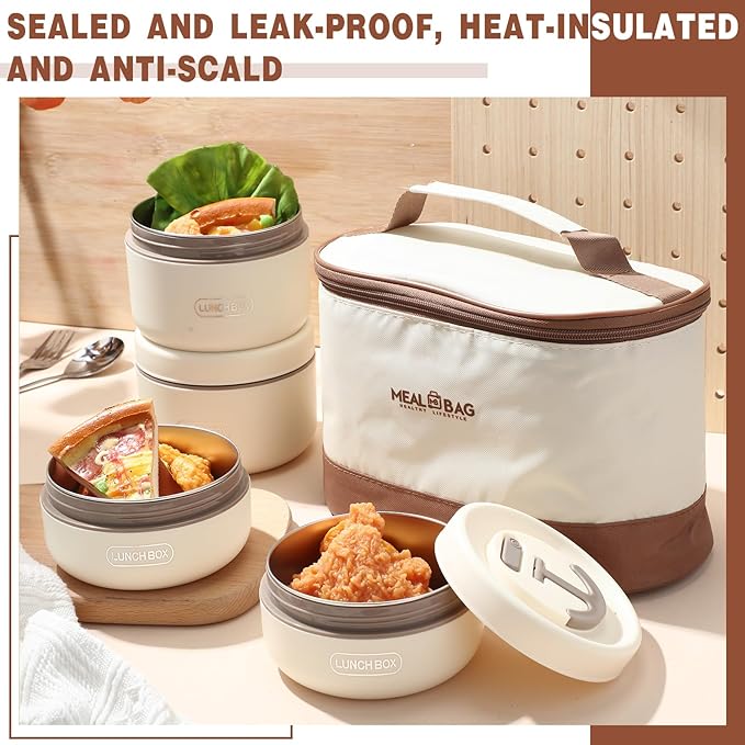 Dandat 4 Pcs Insulated Bento Box Portable Stainless Steel Food Container Round Microwave Safe Stackable Leakproof Thermal Food Container for Adult Men Women with Insulated Bag, 74 oz(Beige)