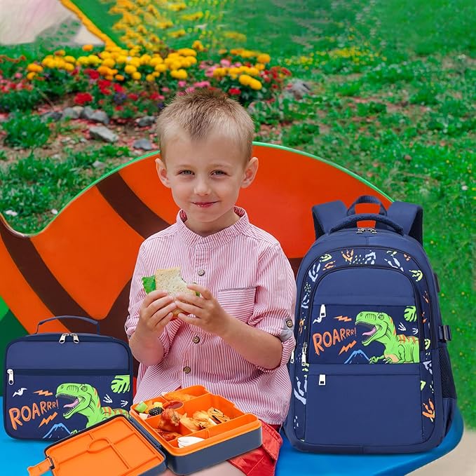 Boys Backpack - Dinosaur Bento Box with Insulated Lunch Bag Pencil Case & Utensils Set for Kids, 6 Leakproof Compartments Removable Tray Lunches or Snack Container
