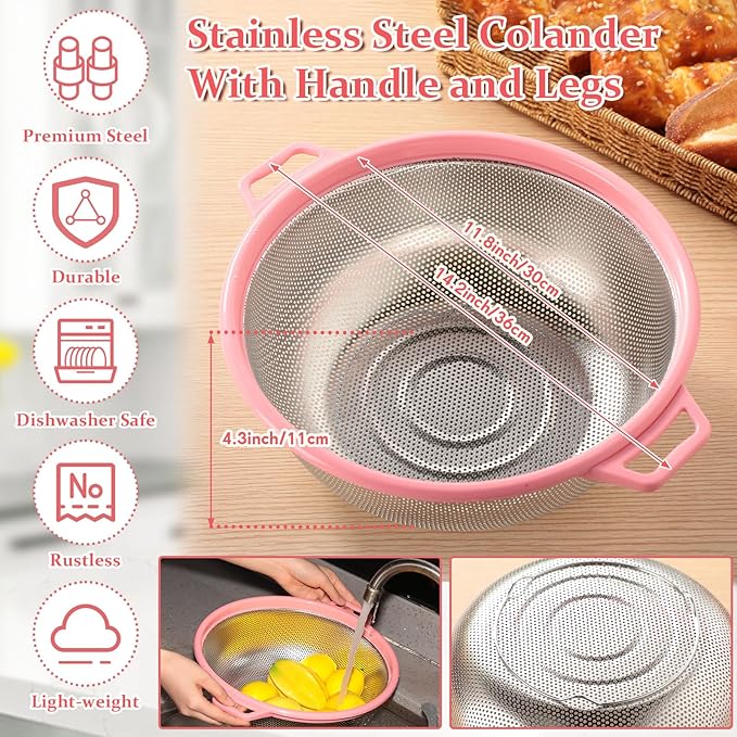 4 Pcs Mixing Bowls with Lids Plastic Nesting Bowls Set with Stainless Steel Colander 8 Pcs Measuring Cups and Spoons Set and Foldable Kitchen Funnel for Kitchen Cooking Accessories (Pink)
