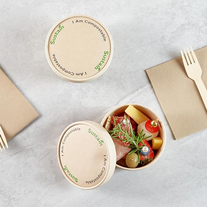 Restaurantware-LIDS ONLY: Sustain Round Paper Soup Container Lids, 50 Disposable Ice Cream Cup Lids - Cups Sold Separately, For 12 Ounce Cups, Bamboo To Go Cup Lids, With PLA lining, Compostable