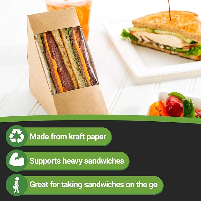 Restaurantware Cafe Vision 4.8 x 2.8 Inch Sandwich Paper Boxes, 200 Medium Sandwich Wedge Boxes - With Window, Disposable, Kraft Paper Triangle Sandwich Containers, Grease-Resistant Lining