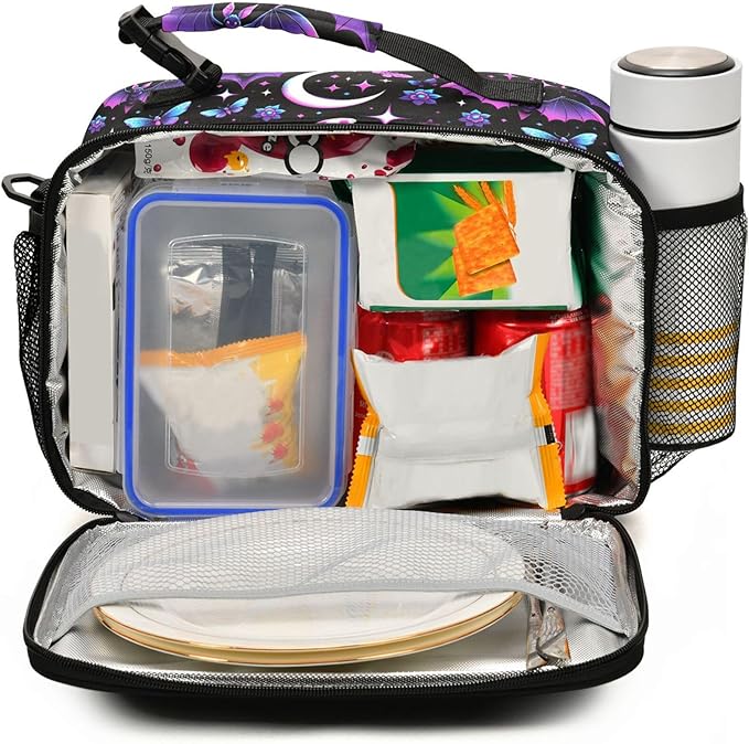 MNSRUU Student Lunch Bag Neon Purple and Bats Stars and Moons Insulated DinnerTotes Picnic Bag Lunch Box with Adjustable Shoulder Strap for Teen Kids Adults