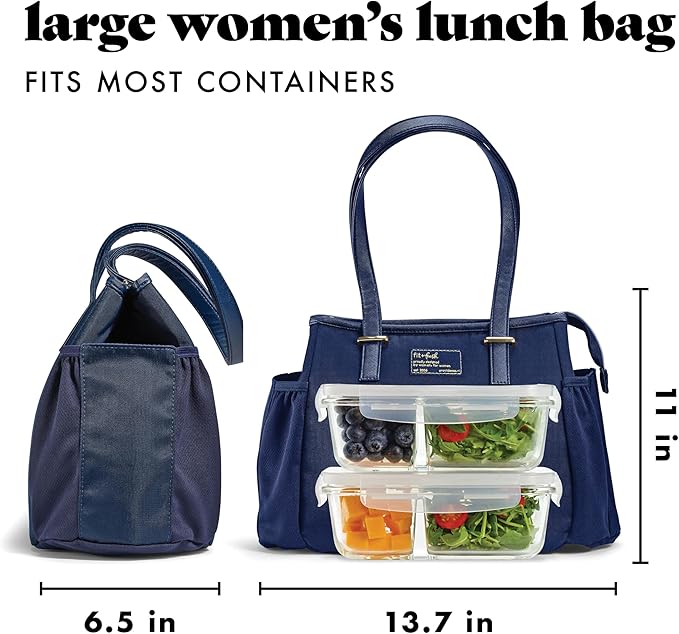 Fit & Fresh Lunch Bag For Women, Insulated Womens Lunch Bag For Work, Leakproof & Stain-Resistant Large Lunch Box For Women With Container and Matching Bottle, Zipper Closure Copley Bag Navy
