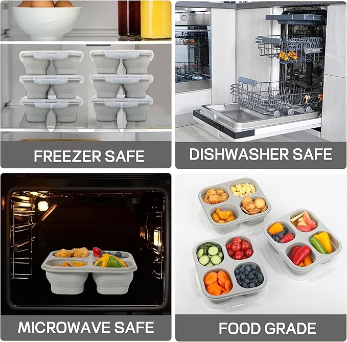 Collapsible Silicone Food Storage Container, 4-Compartment Snack Containers Portion Control with Clip-on Lid, Stackable, Space Saving, Microwave/Fridge/Freezer/Dishwasher Safe (3)