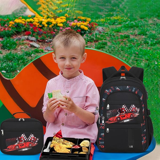 Luminous Boys Backpack - Racing Car Bento Box with Insulated Lunch Bag Pencil Case & Utensils Set for Kids, 6 Leakproof Compartments Removable Tray Lunches or Snack Container (Racing Car)