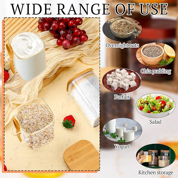 Pickmesh 4 Pcs Overnight Oats Containers with Lids Overnight Oats Jars Oatmeal Cups Square Glass Meal Prep Container with Bamboo Lids and Spoons Glass Jar for Pudding Yogurt (Square Style,16oz)