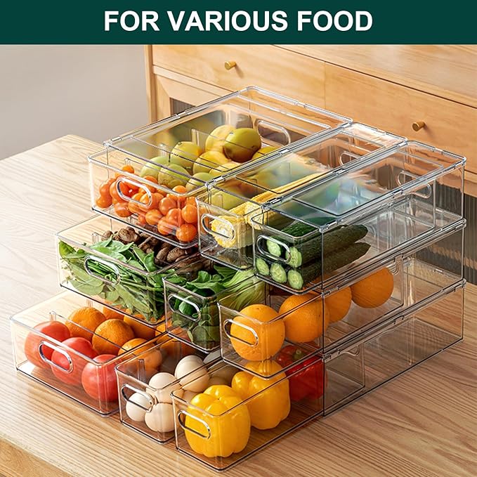 LALASTAR Fridge Drawers, 3-Pack Clear Stackable Pull Out Refrigerator Organizer Bins, Food Storage Containers for Kitchen, Freezer, Vanity & Fridge Organization and Storage (2 Small+1 Medium)