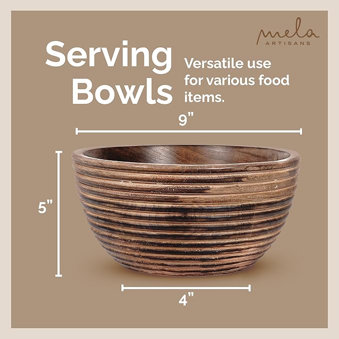 Mela Artisans 9'' Wooden Fruit Bowl, Regular Serving Bowl for Salads, Cereals, Snacks & Mixing | Decorative Bowls for Kitchen | Darma Valley Collection
