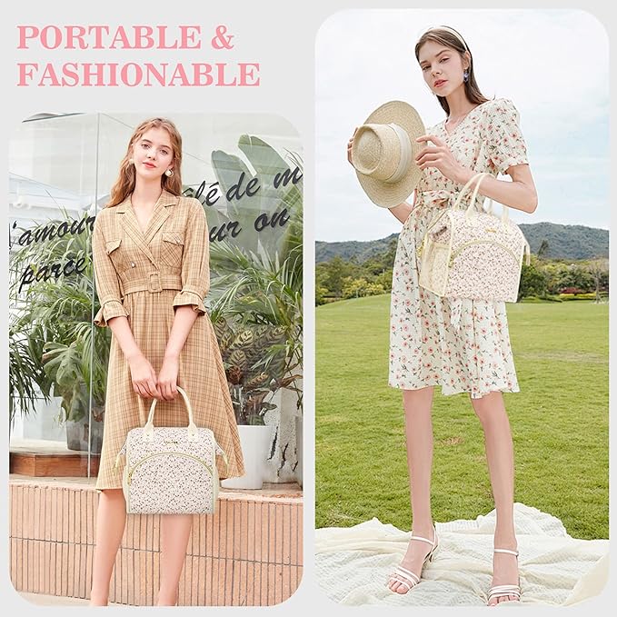 LOKASS Insulated Lunch Bag Women- Reusable 10 L Lunch Box for Women - Leakproof Tote Cooler Bag for Adults Work, Beach, Travel, Picnic (White Small Florals)