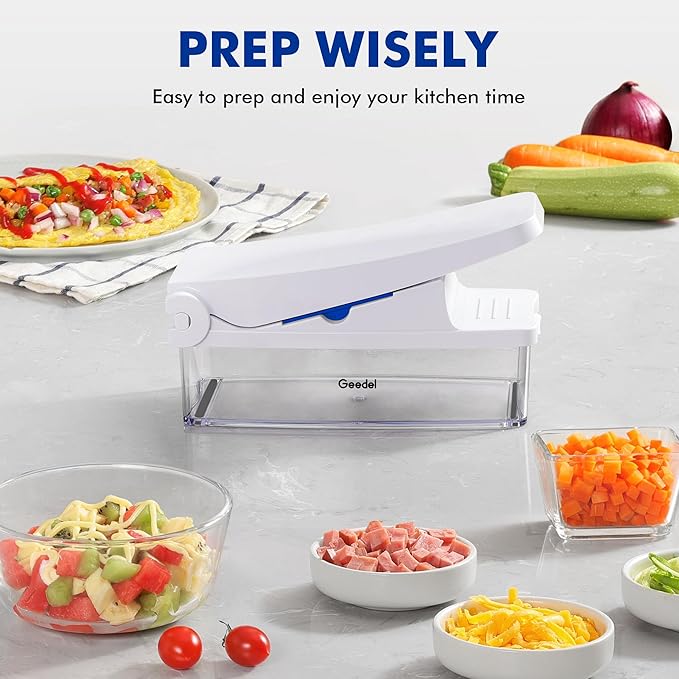 Geedel Vegetable Cutter, Onion Cutter Pro Food Chopper, Kitchen Vegetable Slicer Dicer Cutter Grater, Veggie Chopper with container for Salad Onion Potato Carrot (4 in 1, Blue)