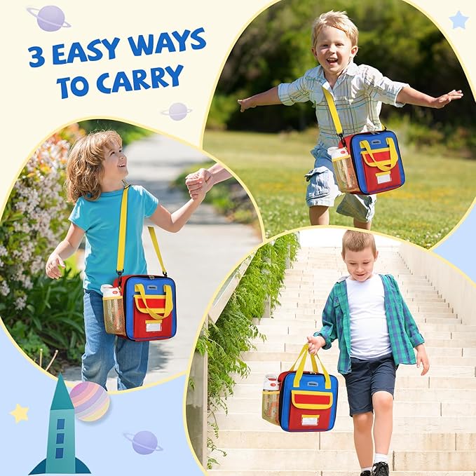 REDSHELL Tactical Lunch Box Kids, Large Insulated Lunch Bag for Boys Girls, Cooler Lunchbag, Square Toddler Lunchbox, School Daycare Lunch Tote Pail with Water Bottle Holder Shoulder Strap, Red Blue