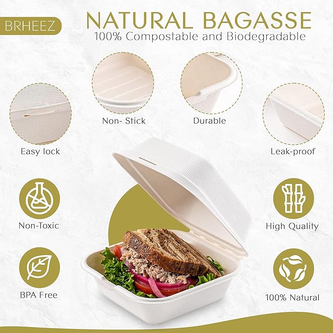 brheez Disposable Clamshell To Go Containers - Bagasse Fiber Biodegradable Containers with Lids for Takeout, Parties, & Holidays - Pack of 50 Chemical-Free, 1-Compartment Boxes, 6"x6", White