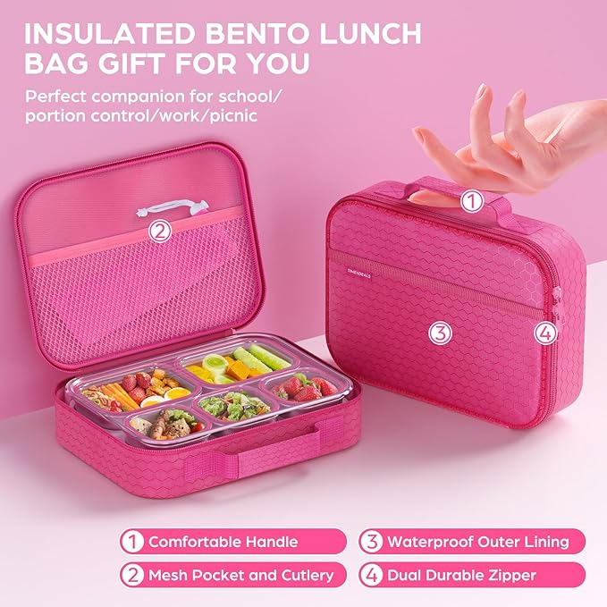 Stainless Steel Bento Lunch Box for Kids Adult - Leakproof BPA-Free School Lunch Container with 5 Compartment and Lunch Bag Set for Toddler Child Bento Box (Pink)
