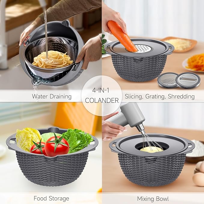 4-1 Colander with Bowl Set - Pasta Strainer - Colander for Kitchen - Strainers and Colanders Rice Strainer Fruit Cleaner Veggie Wash Sink Strainer Kitchen Essentials - Dark Grey