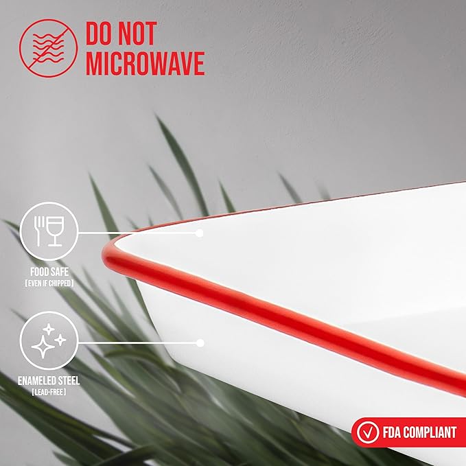 Red Co. 11" x 9" Enamelware Metal Classic 2 Quart Rectangular Serving Tray, Solid White/Red Rim