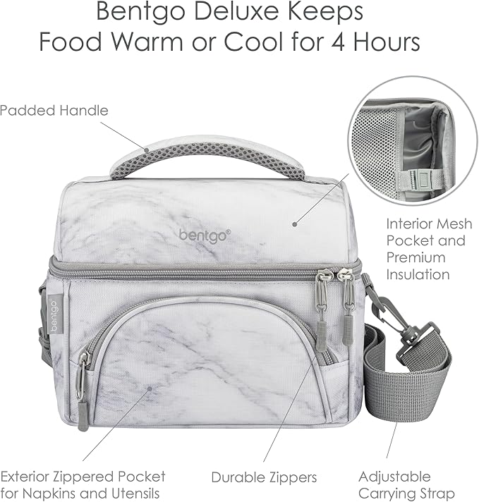 Bentgo Deluxe Lunch Bag - Durable and Insulated Lunch Tote with Zippered Outer Pocket, Internal Mesh Pocket, Padded & Adjustable Straps, & 2-Way Zippers - Fits Most Lunch Boxes (White Marble)