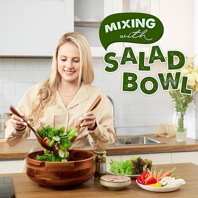12" Salad Bowl Set with 2 Wooden Hands - Large Acacia Wood Serving Bowl with Serving Utensils - Big Mixing Bowl for Fruits, Salad,Pasta for Kitchen Counter (12" Diameter x 4.5" Height)