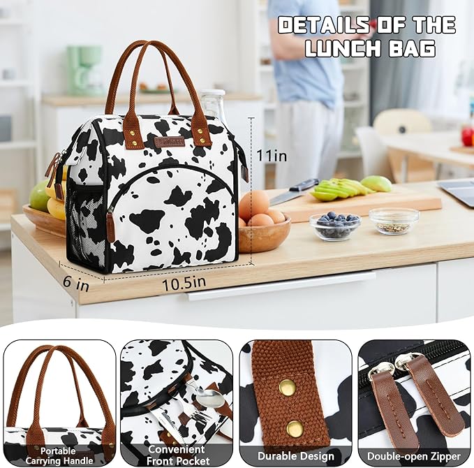 LOKASS Lunch Box for Women-Insulated Adults Lunch Bag with Front Pocket-Cute Lunch Tote for Work-Reusable Cow Print Cooler Bag for Office Picnic Beach or Travel