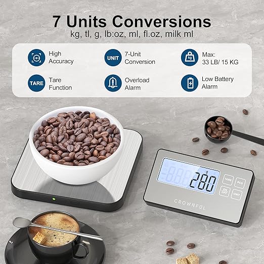 CROWNFUL Split Food Scale, 33lb Wireless Kitchen Scale with Remote LCD Display, 7 Units & Tare Function, 1g/0.1oz, Digital Food Scales for Kitchen, Stainless Steel Food Weight Pan for Cooking/Dieting