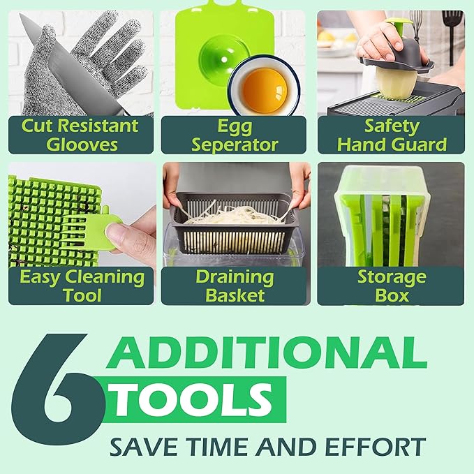 26-in-1 - Heavy Duty Vegetable Chopper with Container - Stainless Steel Blades - Slicer, Chopper, Spiral & Dicer for Veggies With Hand Guard, Cut Resistant Gloves & Cleaning Brushes - Green