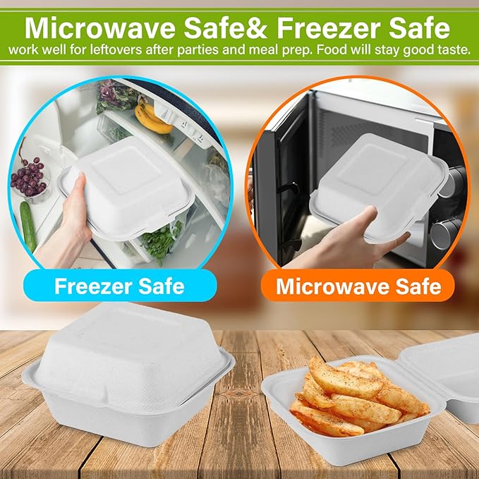 greensight To Go Containers Disposable 6X6, 100 Pack Clamshell Food Containers, Compostable To Go Boxes, Biodegradable Food Containers With White Bagasse