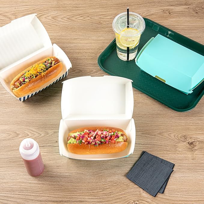 Restaurantware Bio Tek 6.7 x 3.5 x 3.5 Inch Clamshell Food Containers 100 Disposable Sandwich Containers - Hinged Lid Tab-Lock Closure Turquoise Paper Hot Dog Containers Durable Greaseproof
