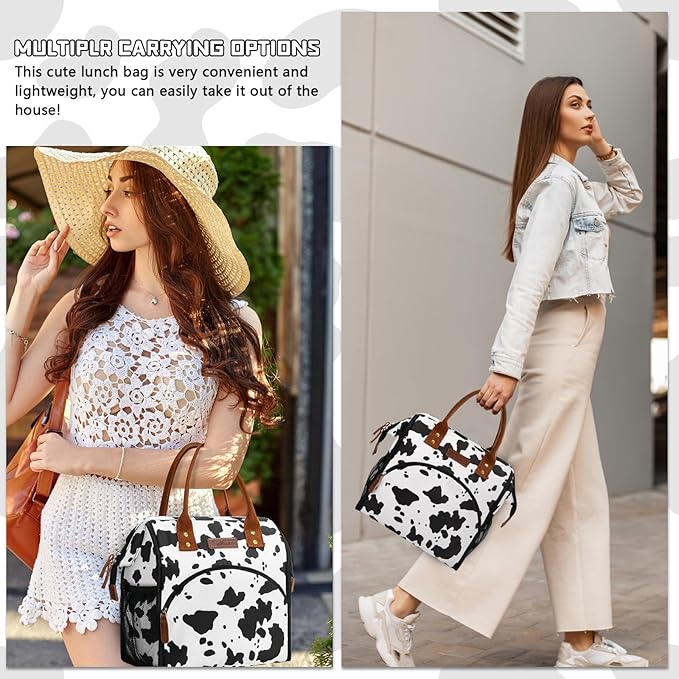 LOKASS Lunch Box for Women-Insulated Adults Lunch Bag with Front Pocket-Cute Lunch Tote for Work-Reusable Cow Print Cooler Bag for Office Picnic Beach or Travel
